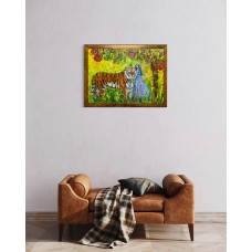 Original oil painting, Forest Fairy and Tiger, on canvas 60 * 80 cm